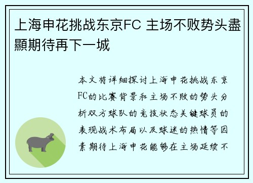 上海申花挑战东京FC 主场不败势头盡顯期待再下一城