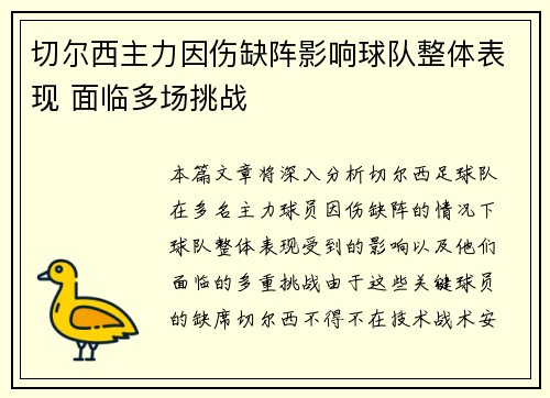 切尔西主力因伤缺阵影响球队整体表现 面临多场挑战